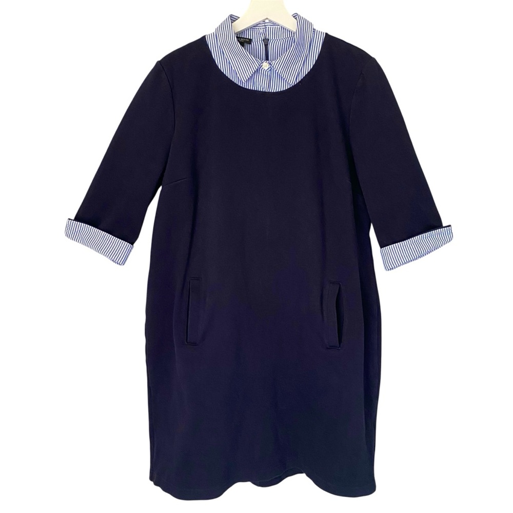 TALBOTS Shirt Dress Collared Cuffed 3/4 Sleeve Navy Blue White Stripes Women XLp